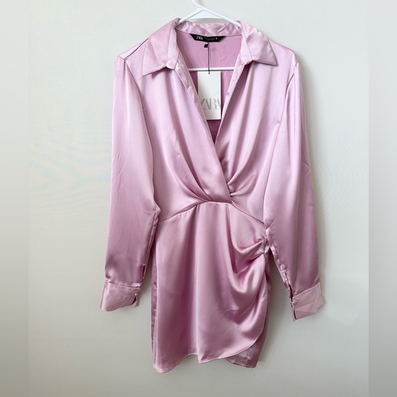 Zara mini dress satin effect drapped long sleeve pink party wedding coctail - Picture 7 of 7